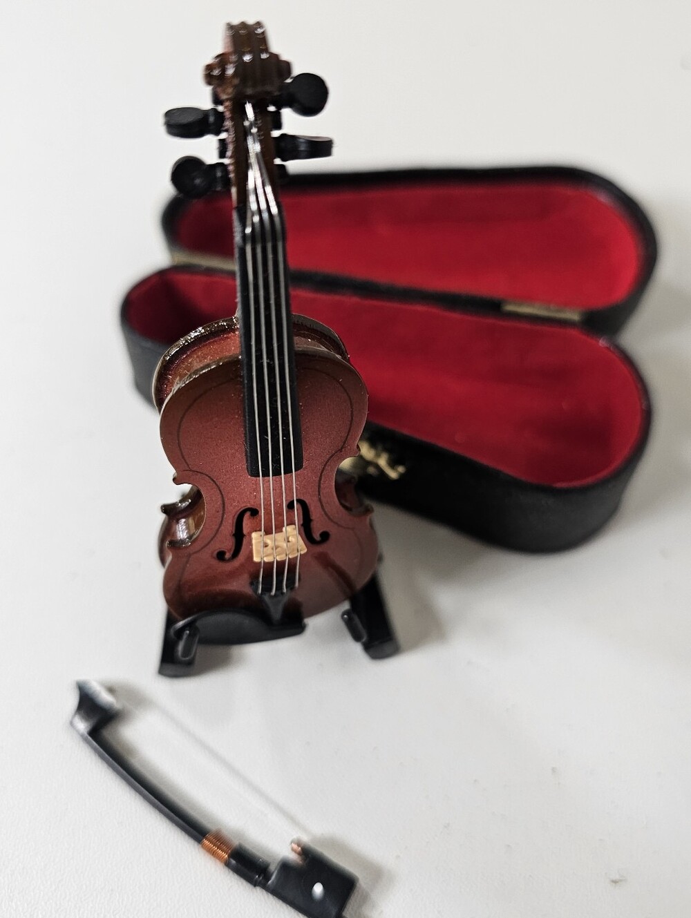 Wooden Miniature Violin with Stand, Bow and Case, Mini Musical Instrument - Picture 2 of 5